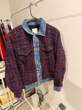 Sandro Red and Blue Tweed Jacket with Denim Trim
